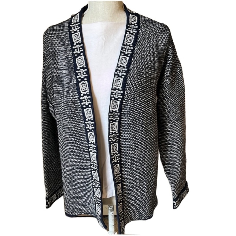 WOOLOVERS 100% Organic Cotton Navy Embroidered Cardigan Sweater Size Large